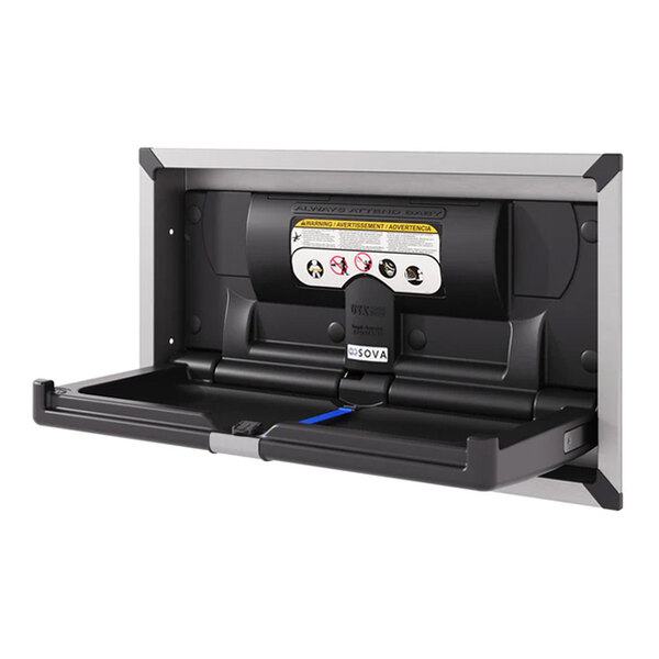 A black recessed horizontal baby changing station with a stainless steel frame.
