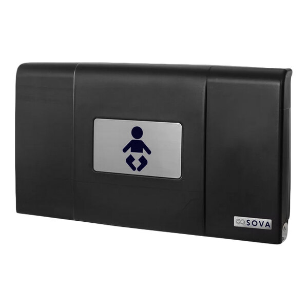 A black wall-mounted horizontal baby changing station with a silver panel and baby icon on the front.
