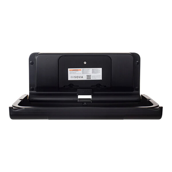 A black wall-mount horizontal baby changing station with an EZ mount backer plate.