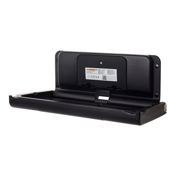 A black wall-mounted horizontal baby changing station with an EZ mount backer plate.