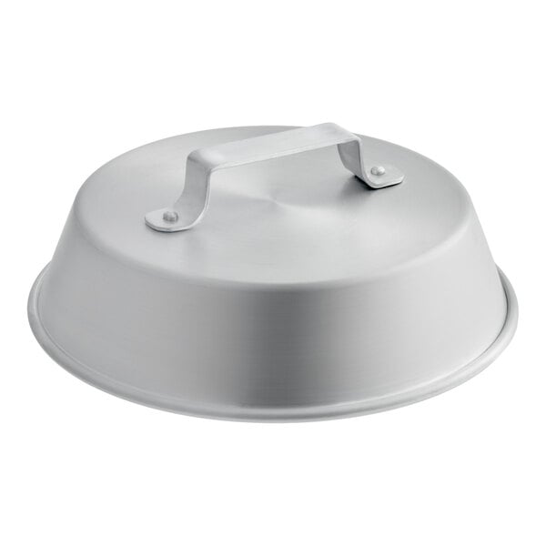 A round, silver-colored metal lid with a raised handle on top.