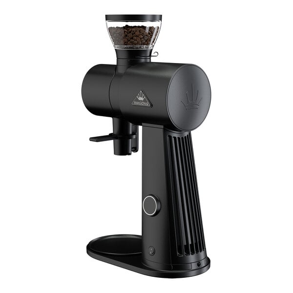 A black Mahlkonig EK Omnia allround coffee grinder with a transparent hopper containing coffee beans.