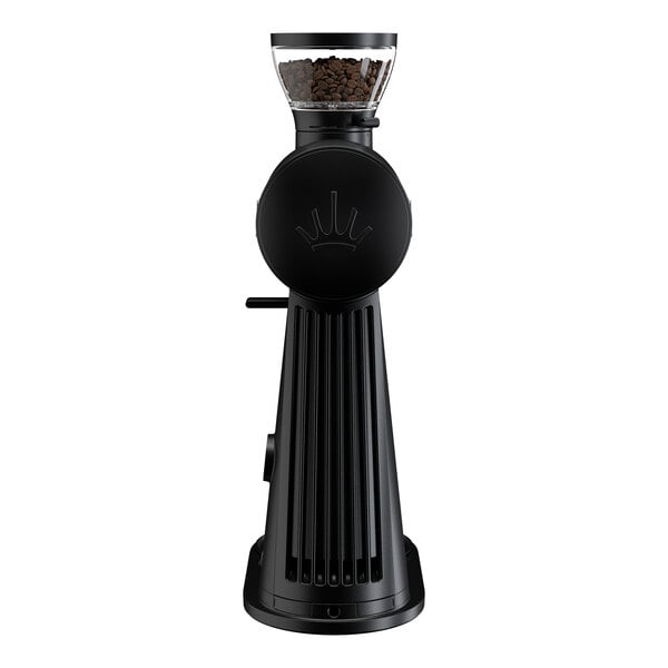 A black Mahlkonig EK Omnia allround coffee grinder with a transparent hopper containing coffee beans.