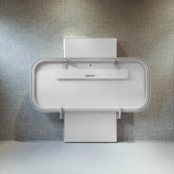 A wall-mounted, height-adjustable changing station or table with a modern, rectangular design.