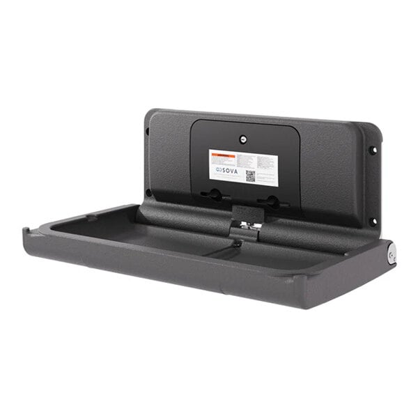 A dark gray wall-mounted horizontal baby changing station with an EZ mount backer plate.