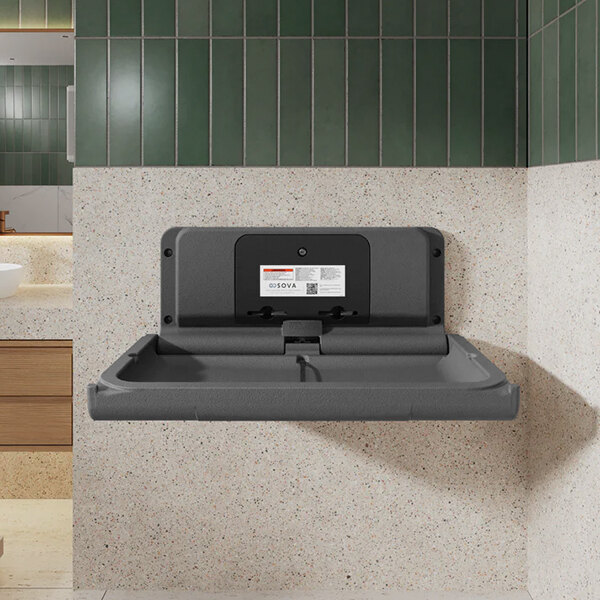 A dark gray wall-mounted horizontal baby changing station with an EZ mount backer plate.