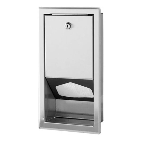 A recessed stainless steel changing station or table liner dispenser with a lockable compartment.