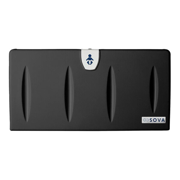 A black surface-mount horizontal baby changing station with a backer plate, labeled Sova Origin.