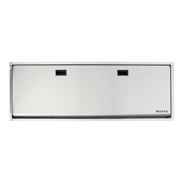 A recessed extended-length stainless steel adult and child special needs changing station.
