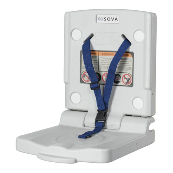 A light gray wall-mounted toddler safety seat with a blue harness strap.