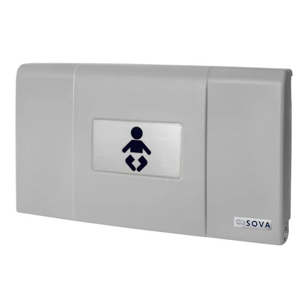 A light gray wall-mounted horizontal baby changing station with a baby symbol and an EZ mount backer plate.