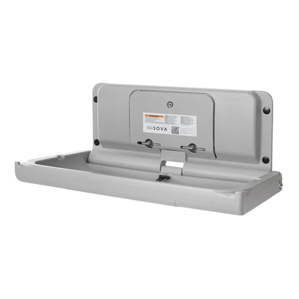 A light gray wall-mounted horizontal baby changing station with an EZ mount backer plate.