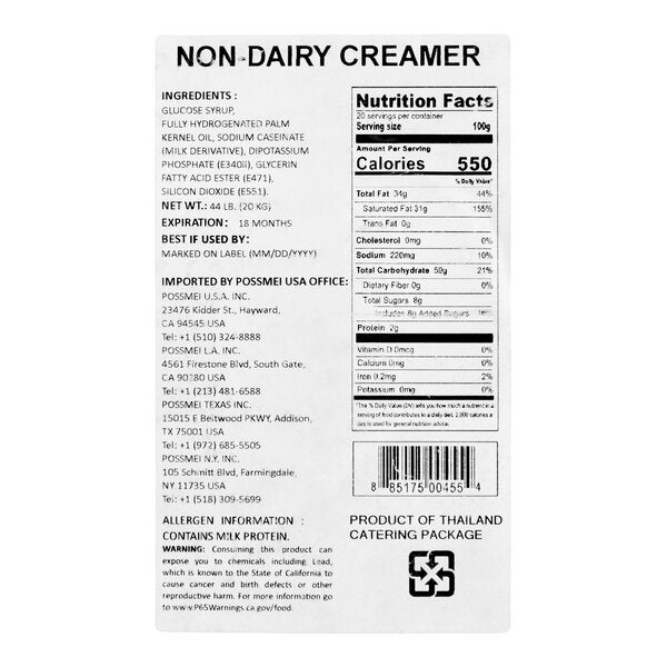 A 44 lb. package of Possmei Non-Dairy Creamer Powder with nutritional and ingredient information on the label.