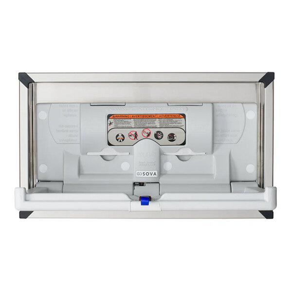 A light gray recessed horizontal baby changing station with a stainless steel frame.