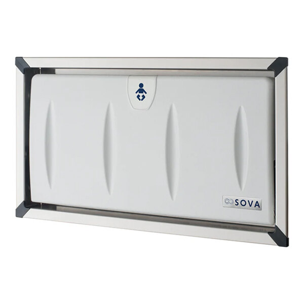 A light gray recessed horizontal baby changing station with a stainless steel frame.