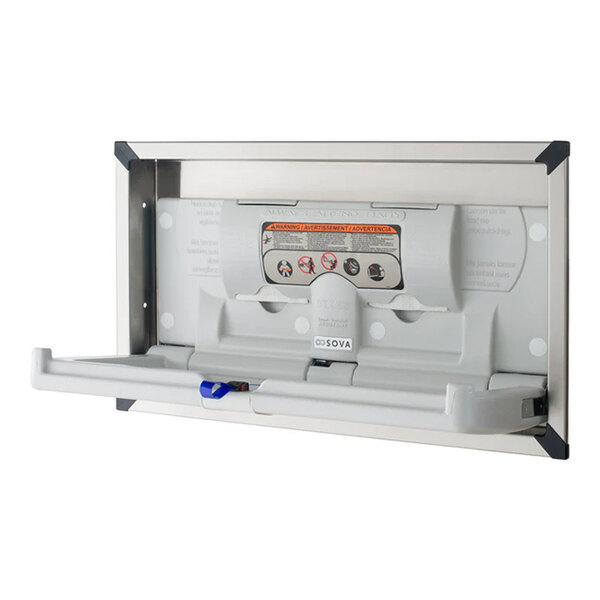 A light gray recessed horizontal baby changing station with a stainless steel frame.
