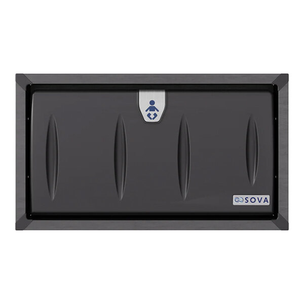 A black recessed horizontal baby changing station with a black stainless steel frame.