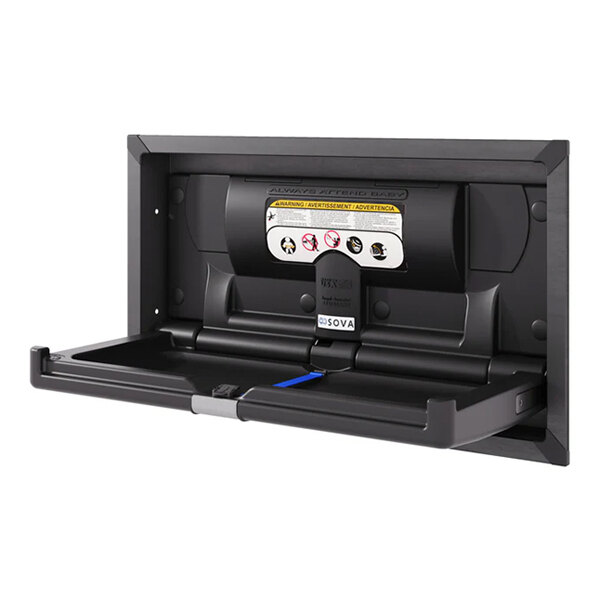 A black recessed horizontal baby changing station with a stainless steel frame.