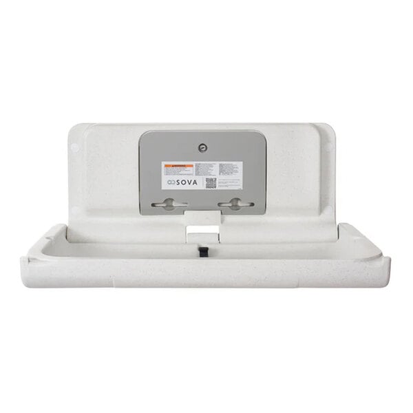 A wall-mounted horizontal baby changing station in white granite color with an EZ mount backer plate.