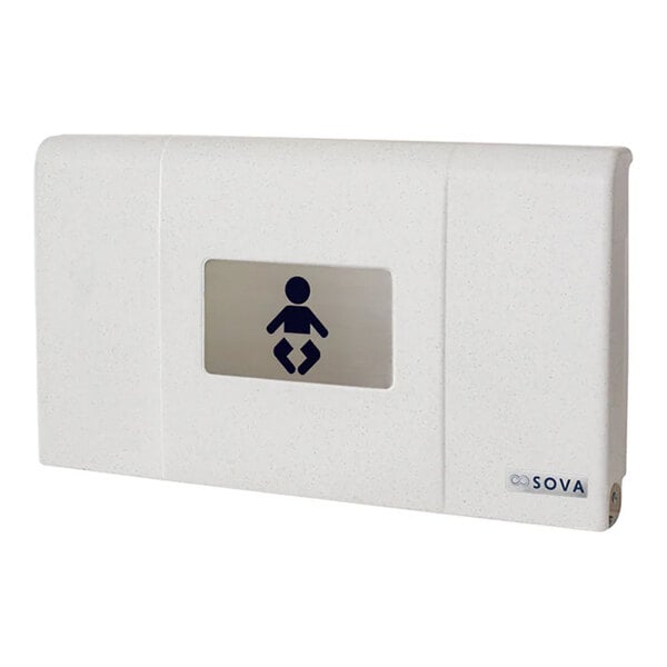 A white granite wall-mounted horizontal baby changing station with a baby icon and an EZ Mount backer plate.