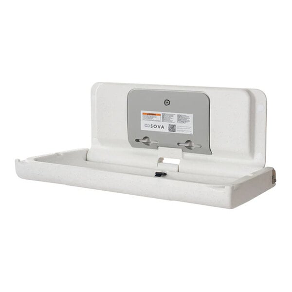 A wall-mounted horizontal baby changing station in white granite with an EZ mount backer plate.