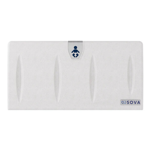 A white granite surface-mount horizontal baby changing station with a simple design and Sova branding.
