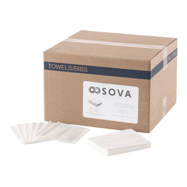 A box of Sova 2-ply waterproof baby changing table liners with several liners displayed in front.