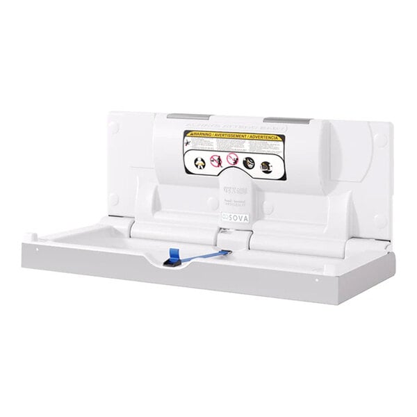A white horizontal wall-mounted baby changing station with a safety strap.