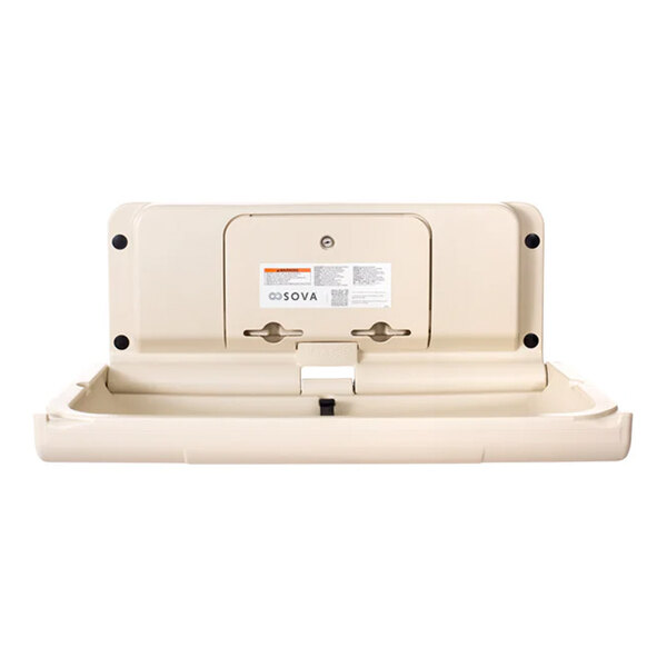 A beige wall-mounted horizontal baby changing station with an EZ mount backer plate.