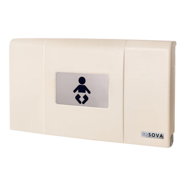 A beige wall-mounted horizontal baby changing station with a symbol of a baby and an EZ Mount backer plate.