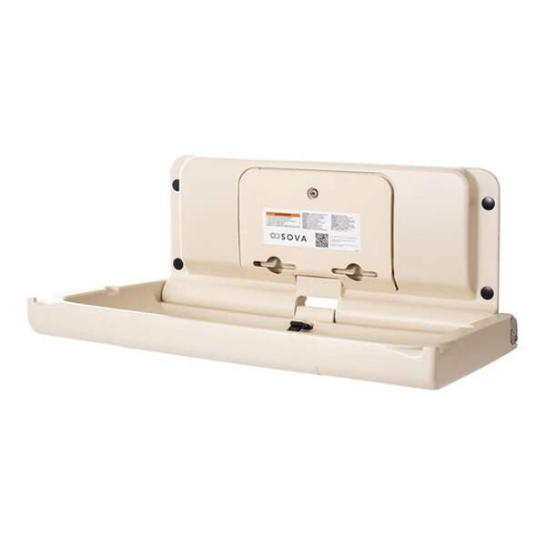 A beige wall-mounted horizontal baby changing station with an EZ mount backer plate.