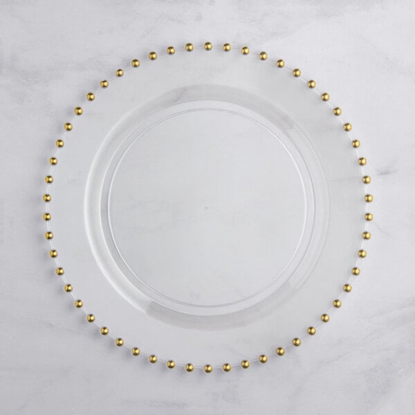 Visions Beaded 13" Round Clear Plastic Charger Plate with Gold Beaded Rim - 60/Case