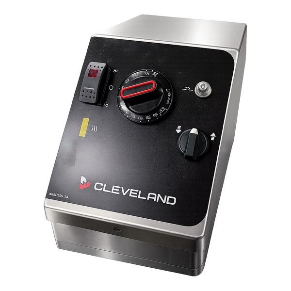 A stainless steel control panel with a temperature dial, switches, indicator lights, and the Cleveland logo.