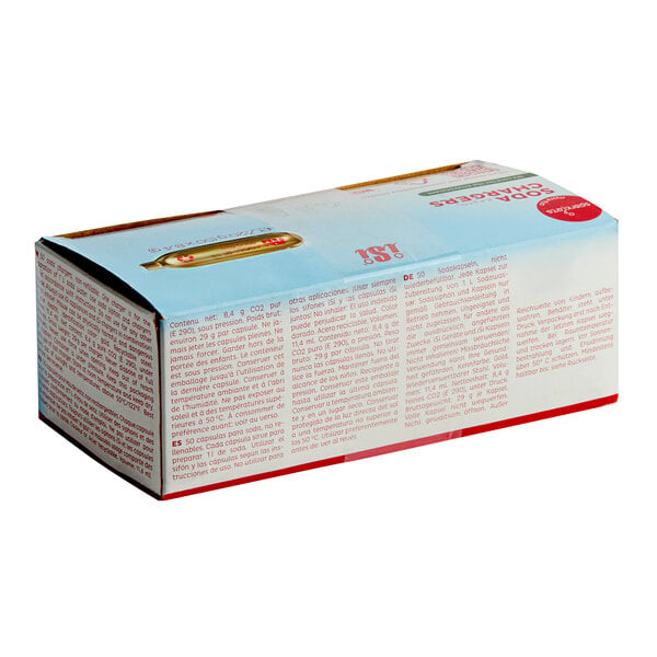 A box of iSi CO2 soda chargers containing 50 cartridges for use with compatible soda siphons.