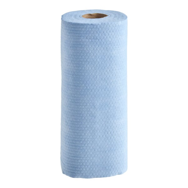 A roll of blue textured paper towels standing upright on a white background.