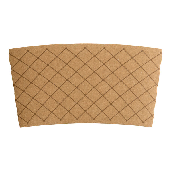 A brown quilted print coffee cup sleeve designed to insulate hot beverages.