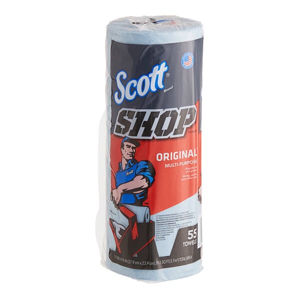 A roll of Scott Shop Towels Original, blue multi-purpose wipers.