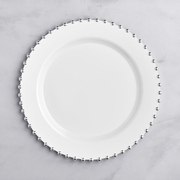 Visions Beaded 13" Round White Plastic Charger Plate with Silver Beaded Rim - 60/Case