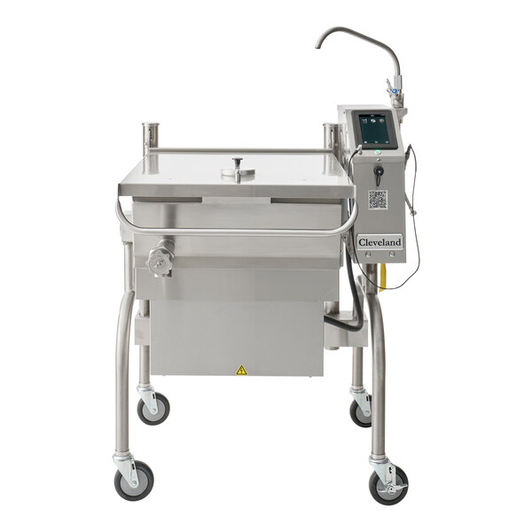 A large stainless steel commercial kitchen appliance on wheels with a flat lid, control panel, and a gooseneck faucet attachment.
