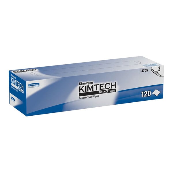 A rectangular box with blue and white packaging labeled 'Kimtech Kimwipes' containing 120 delicate task wipes.