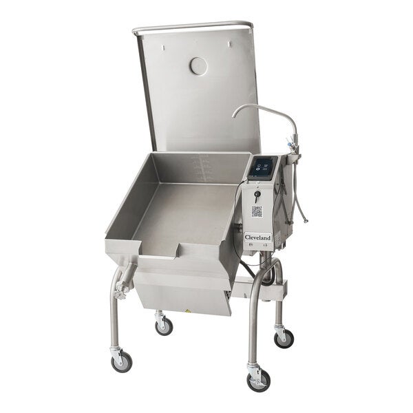 A large stainless steel electric tilt skillet with an open base, easyTouch controls, and a 60-gallon capacity.
