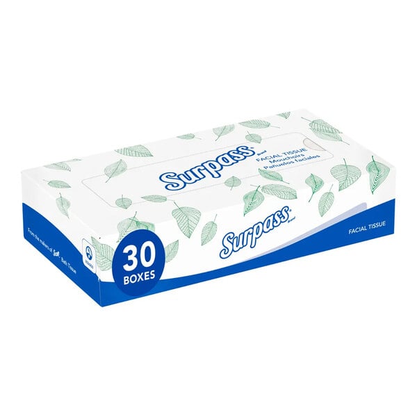 A rectangular box with a white and blue design, decorated with green leaves and labeled 'Surpass' and '30 boxes' on the side.