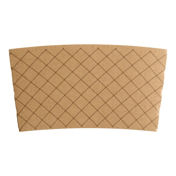 A brown quilted print coffee cup sleeve designed to fit 10-20 oz. cups.