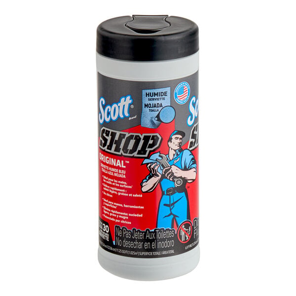 A cylindrical container with a black lid, featuring a label with a cartoon mechanic holding a wrench and text indicating it contains cleaning wipes.
