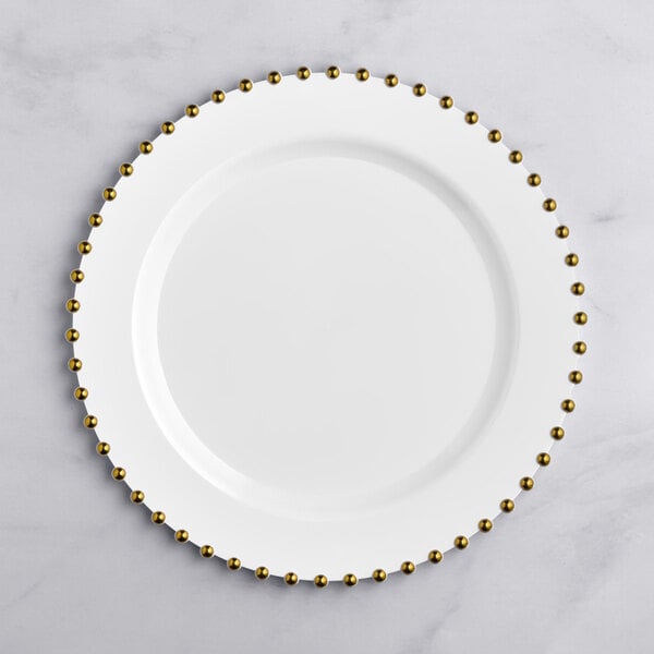 Visions Beaded 13" Round White Plastic Charger Plate with Gold Beaded Rim - 60/Case