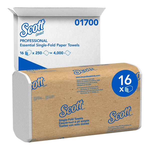 A package of Scott single-fold paper towels with a brown wrapper and blue text, shown in front of an open white box labeled with product details.