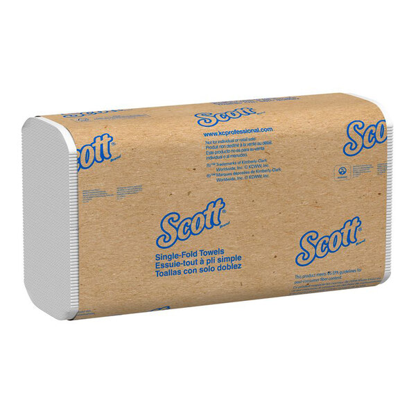 A rectangular stack of white single-fold paper towels wrapped in brown packaging with blue text and branding.