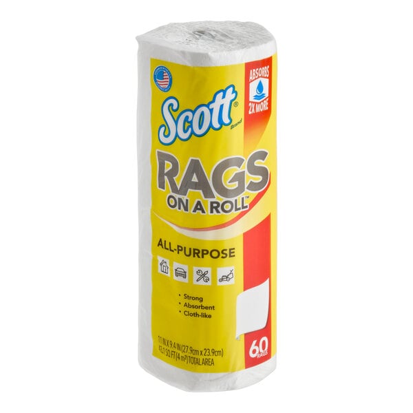 A roll of Scott Rags On A Roll all-purpose white wipers with yellow packaging.