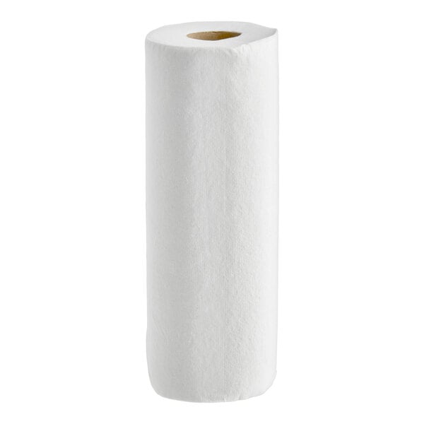 A single white paper towel roll standing upright on a plain background.