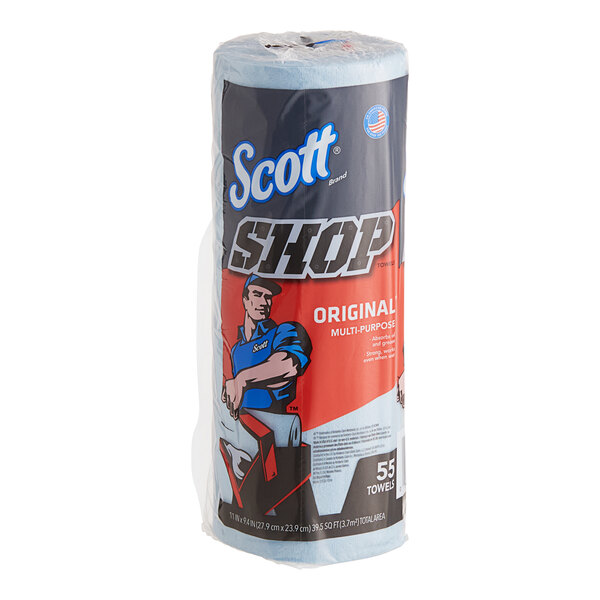 A roll of Scott Shop Towels Original, blue multi-purpose wipers.